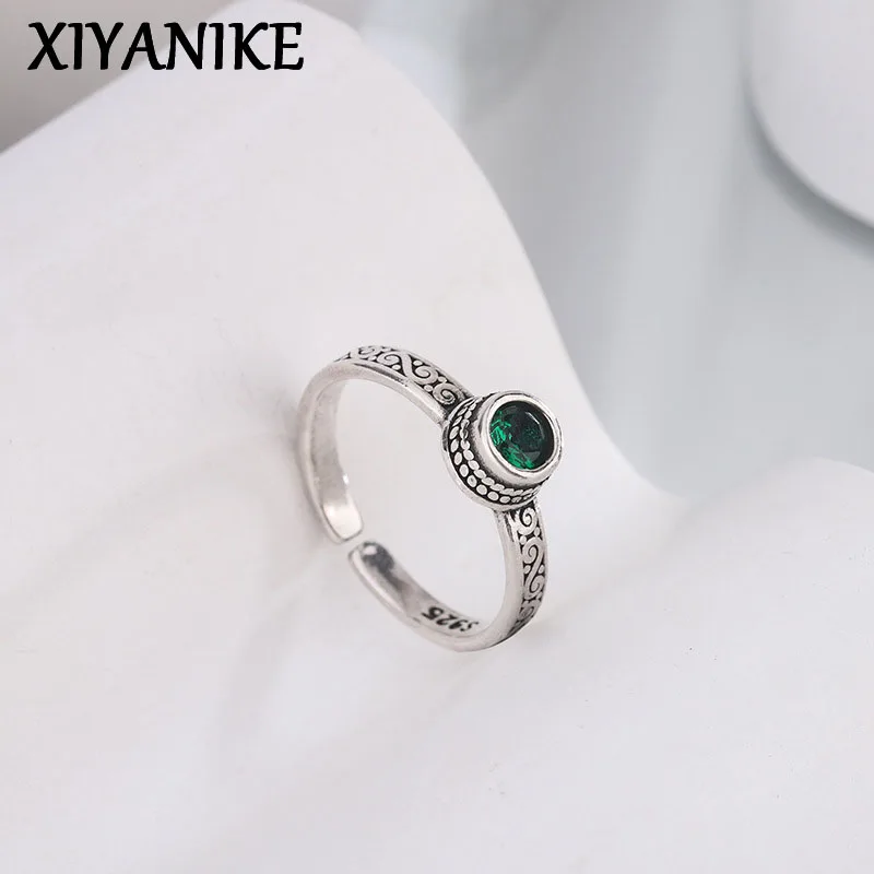 XIYANIKE Vintage Thai Silber Grün Zirkon Offene Manschette Fingerringe für Frauen Mädchen Neue Mode Schmuck Geschenk Party Diego Diego Diego
