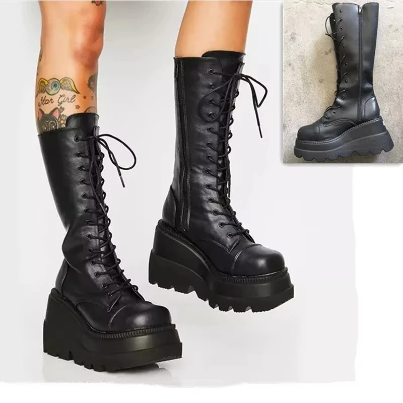 Damen Plateaustiefel Punk Mittelkalb Damenstiefel Gothic Stil Dickbesohlte Motorrad Ritterstiefel Designer Mode Damenschuhe
