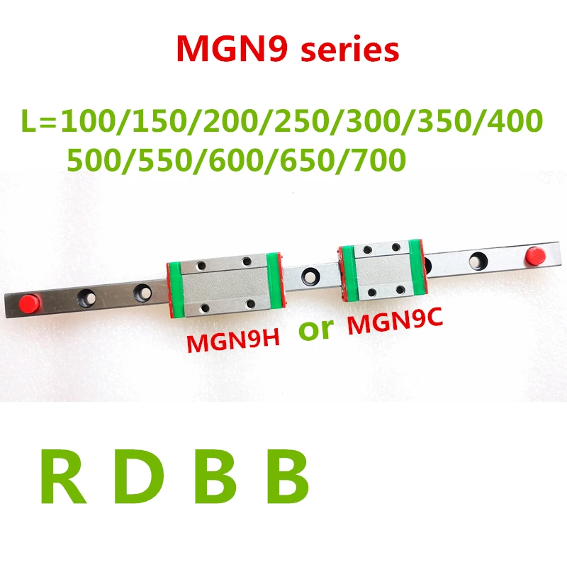 NEUE 9-mm-Linearführung MGN9 100 150 200 250 300 350 400 450 500 550 600 700 mm Linearschiene + MGN9H- oder MGN9C-Block 3D-Drucker CNC Image