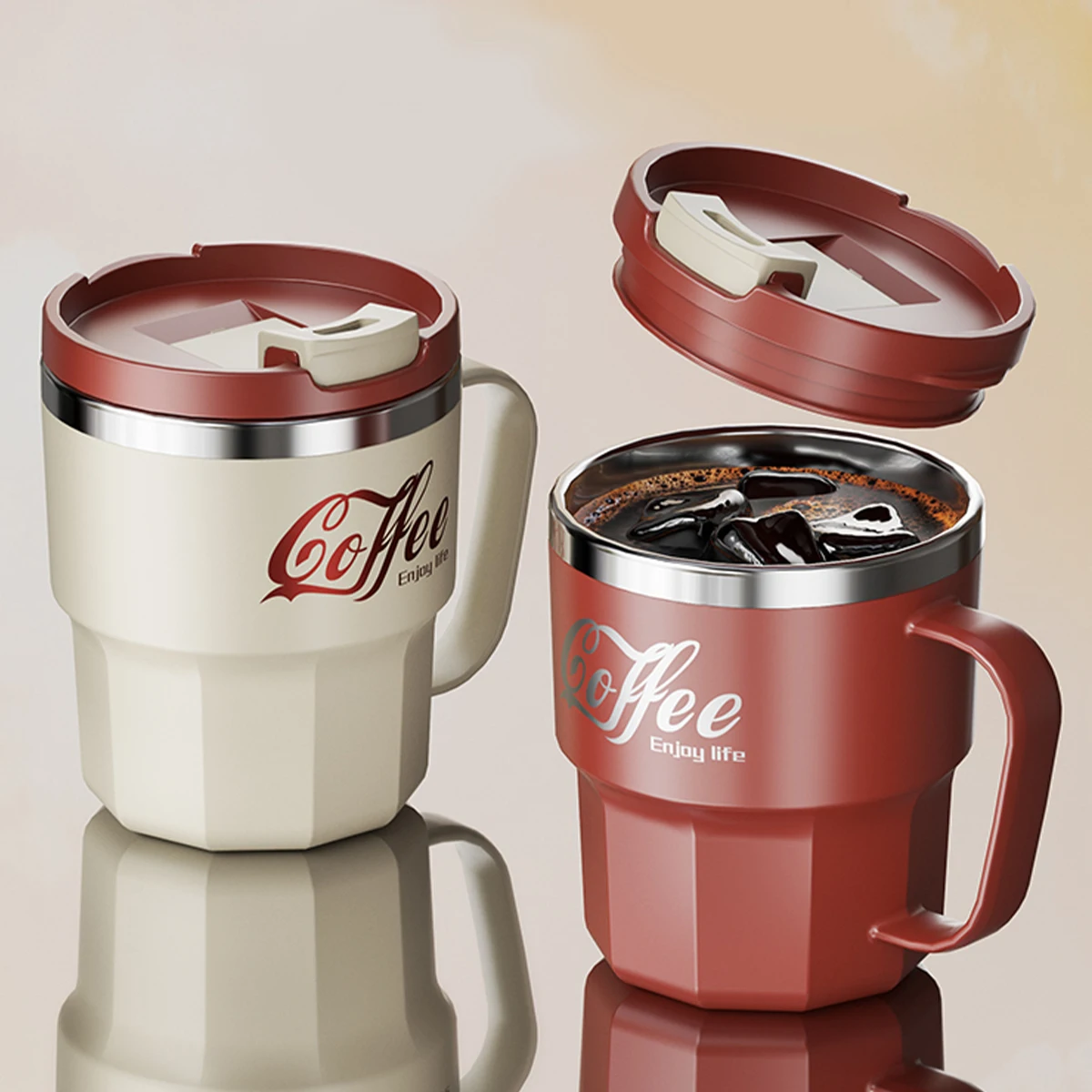 WORTHBUY Kaffeetasse mit Deckel und Griff, 304 Edelstahl, Tee, Milch, Kaffeetasse, doppelwandig, isoliert, Anti-Verbrühungs-Trinkbecher Image