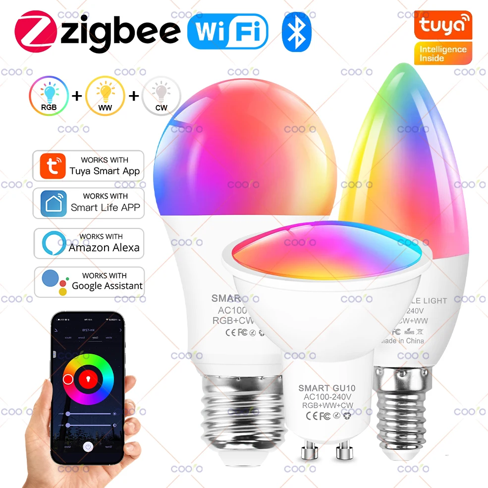 Tuya E27 GU10 E14 Glühbirne Zigbee/WiFi/Bluetooth Dimmbare LED-Lichtlampe RGBCW Funktioniert mit Amazon Alexa Google Assistant Sprachsteuerung Image