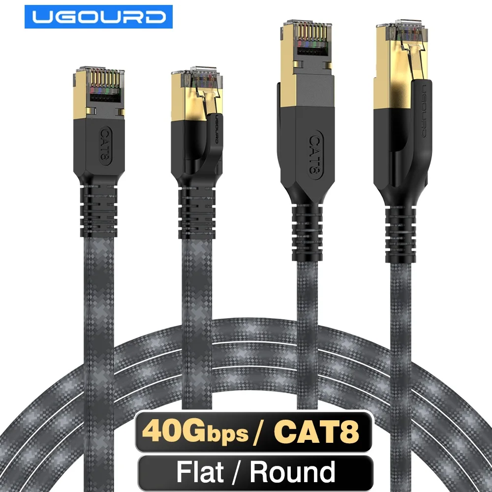 UGOURD Classic Schwarz-Grau Cat8 Hochgeschwindigkeits-Internetkabel 40 Gbit/s 2000 MHz Bandbreite RJ45 Netzwerk LAN Cat 8 Ethernet-Kabel Keine Verzögerung Image