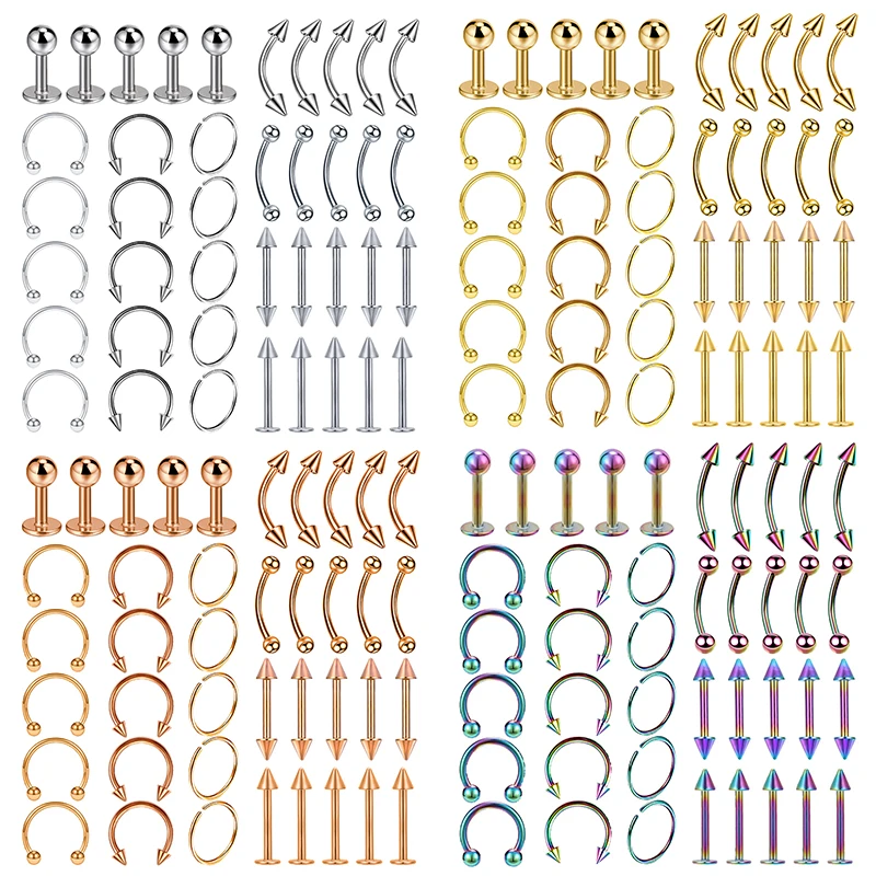 40PCS Chirurgenstahl Body Piercing Schmuck Lot Bulk Nasenring Zungenpiercing Lot Augenbraue Labret Piercing Set Hufeisenring Lot Pack Image