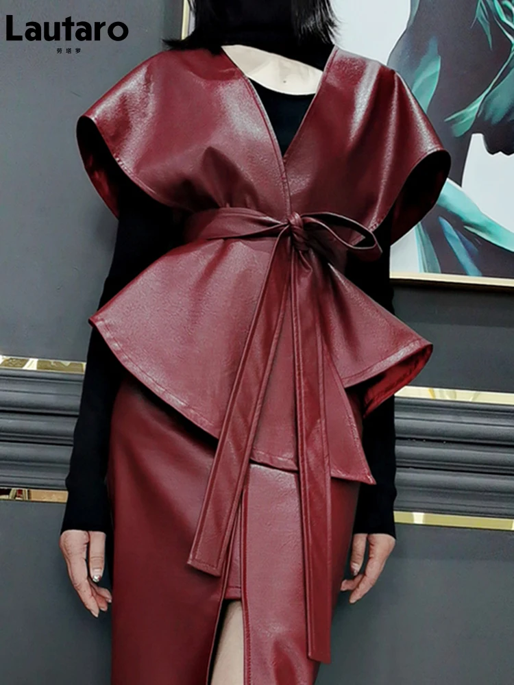Lautaro Frühling Luxus Designer Faux Leder Jacke Frauen Schärpen Rotwein Cape Schals für Frauen Gothic Mantel Runway Fashion 2022 Image