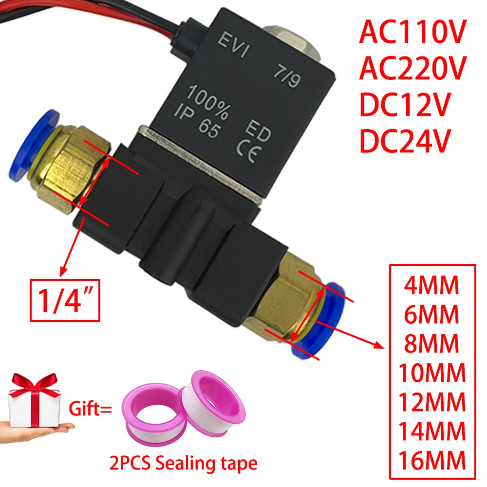 12 V, 24 V, 220 V, pneumatisches elektrisches Magnetventil, 2 Positionen, 2 Anschlüsse, normalerweise geschlossenes Luftmagnetventil, 6 mm 8 mm Schlauchtülle Image