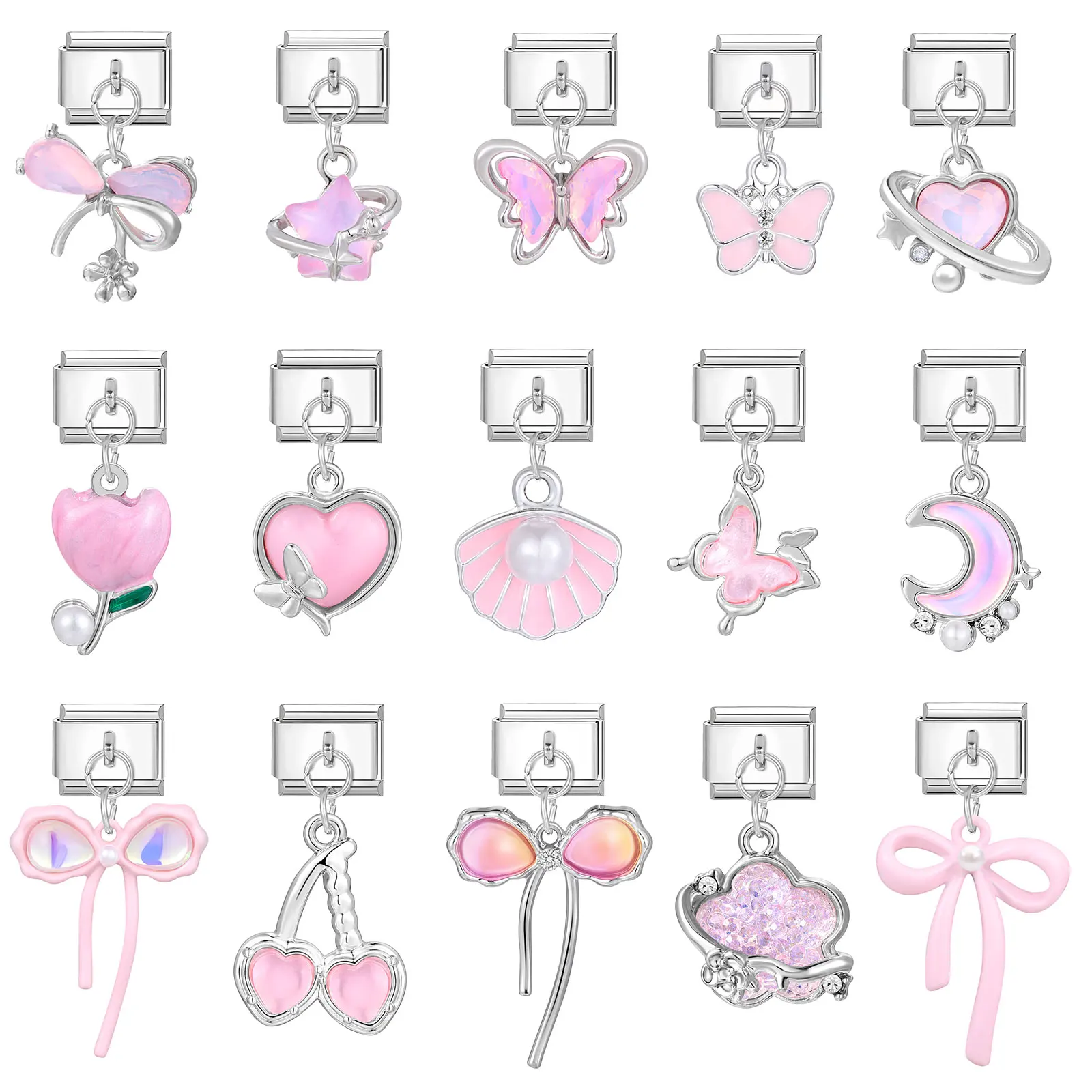 Mädchen glänzender Stern Herz Schleife Mond Kirsche Mond italienische Charm Links passen 9 mm Edelstahl Armband Frauen Schmuck DIY machen Geschenke Image