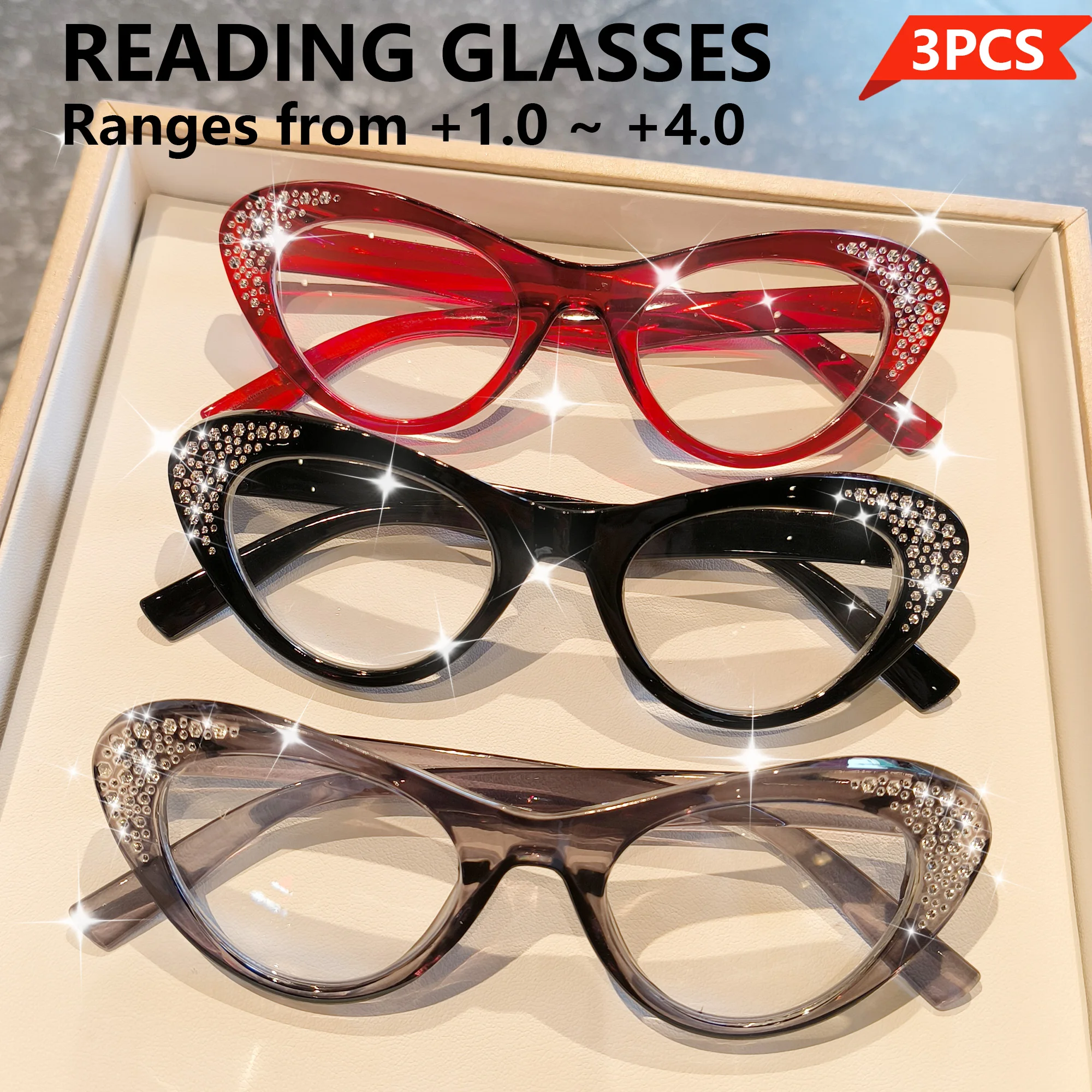 3 Stück elegante Cat-Eye-Lesebrille mit Strasssteinen für Damen und Herren – Vollrand, Cat-Eye, High-Definition-Linse, +1,0 bis +4,0 Dioptrien Image