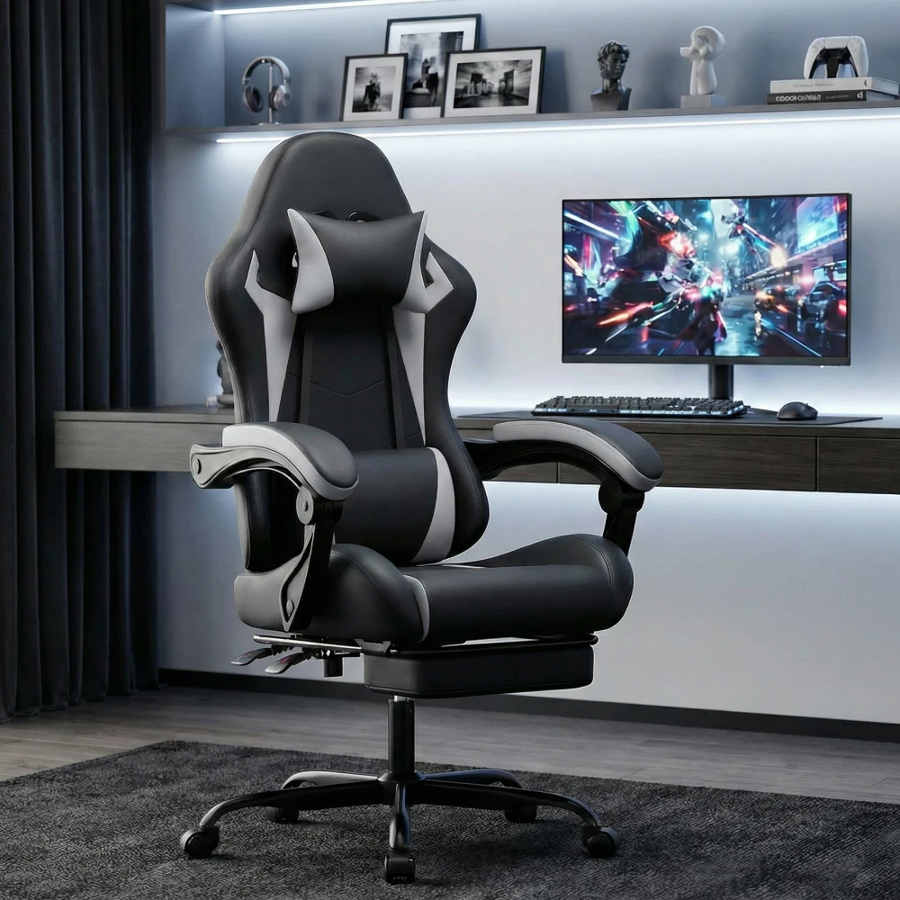 Gaming-Stuhl, ergonomischer Gaming-Stuhl mit Taillenkissen und Kopfstütze, höhenverstellbarer Bürostuhl, Stuhl für Erwachsene, Mädchen und Jungen