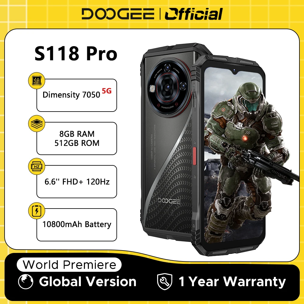 Weltpremiere DOOGEE S118 Pro 5G Robustes Telefon 6,6'' FHD 120Hz 8GB RAM 512GB ROM 10800mAh Akku Android 14 Handy mit NFC Image