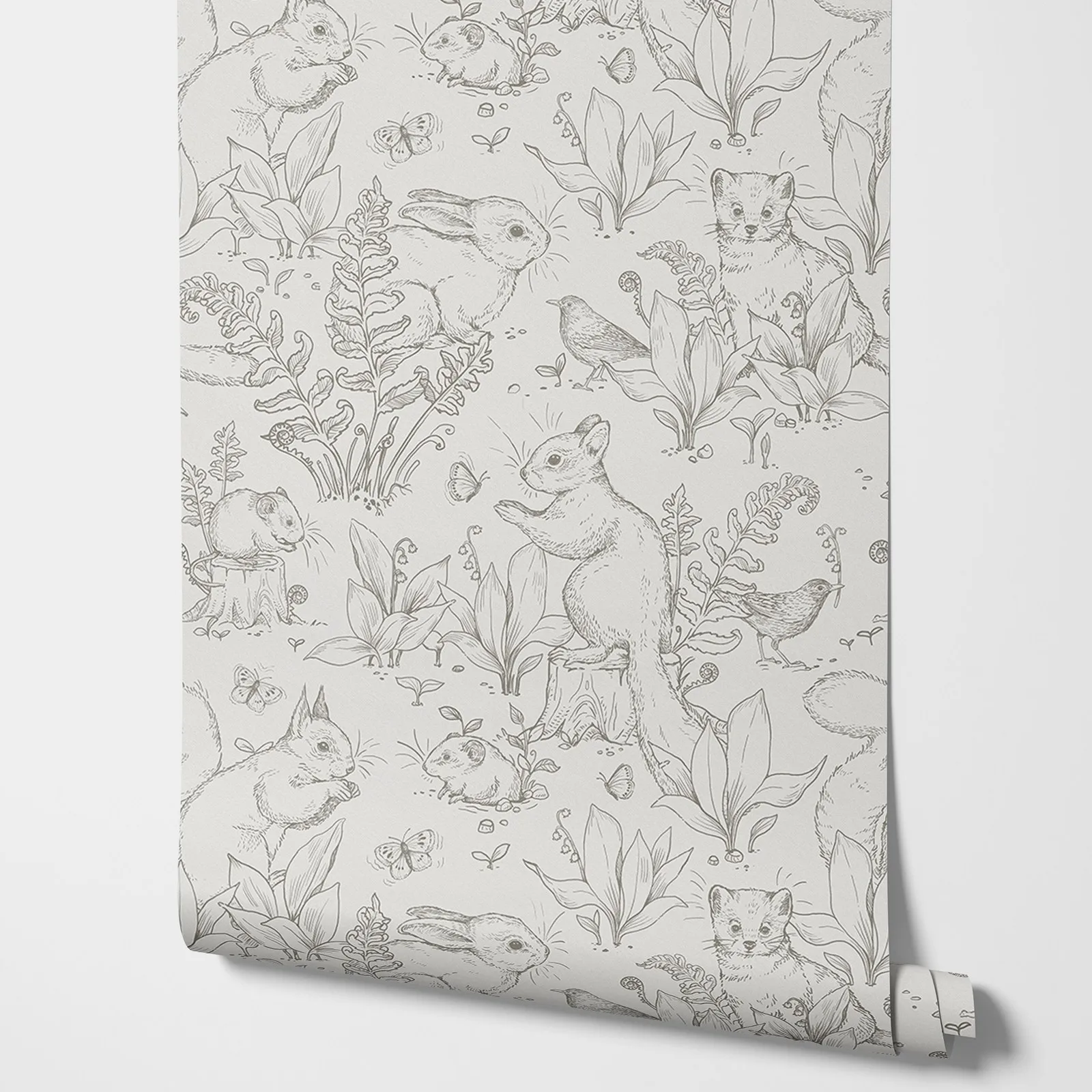 Forest Life Tapete in Grau. Graue Tapete mit Tieren im Waldstil mit Kaninchen und kleinem Prärenhund Image