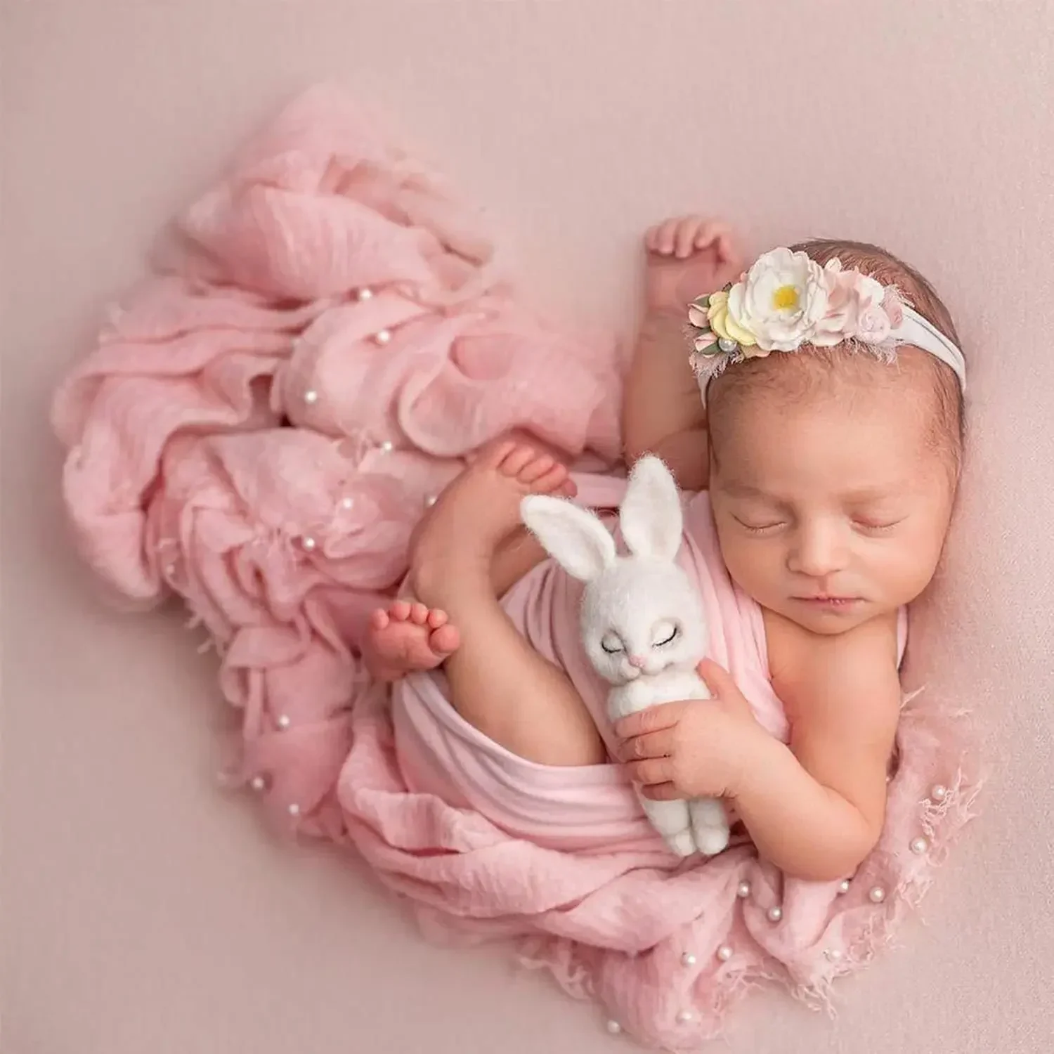 90 x 170 cm weicher, dehnbarer Strick-Babywickel mit Perlen-Stirnband, für Neugeborene, Foto-Requisite, Baby-Fotografie-Studio-Aufnahmezubehör Image