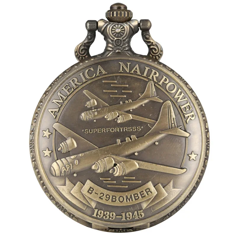 Retro B-29 American Air Power Flugzeug Männer Frauen Quarz Taschenuhr Retro Armee Militär Uhr Halskette Kette Souvenir Geschenke Image