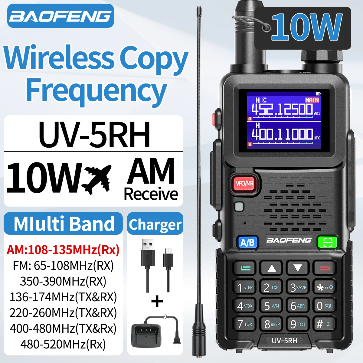 Baofeng UV 5RH 10W Vollbänder Walkie Talkie Drahtlose Kopierfrequenz Typ-C Ladegerät Verbessertes UV 5R Transceiver Ham Zweiwegradio Image