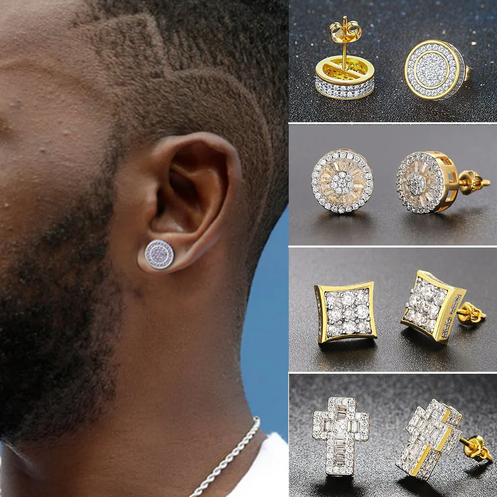 Rock Hip Hop Iced Out Stud Ohrring für Männer Männlich Vollen Satz Zirkon Gold Piercing Ohr Zubehör Punk Hippie Trend schmuck Dropship