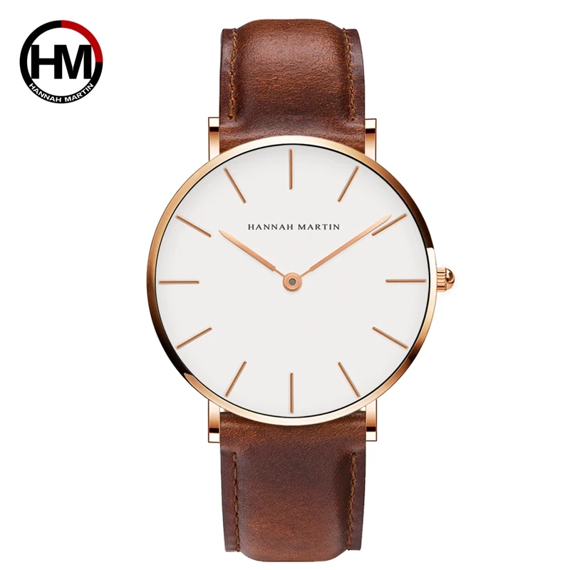 Hannah Martin Hochwertige Herrenuhr Mode Japan Quarz Armbanduhren Silber Braun Leder Quarzwerk Wasserdichte Uhr