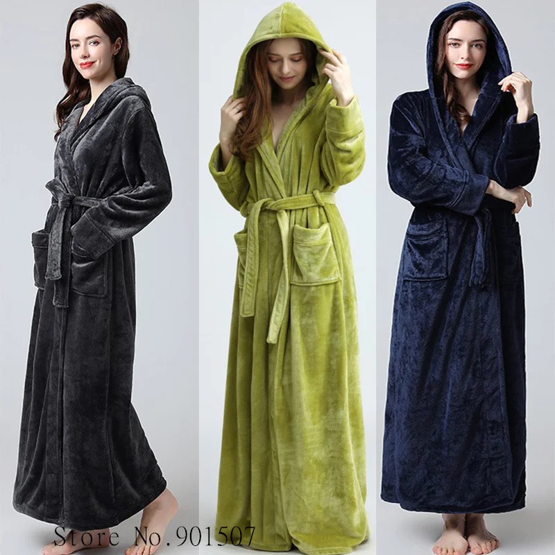 Extra langer Winter-Korallen-Fleece-Bademantel für Damen mit Kapuze, warmer Kimono-Bademantel, gemütlicher Kimono-Duschroben, lockeres Peignoirs-Nachthemd Image