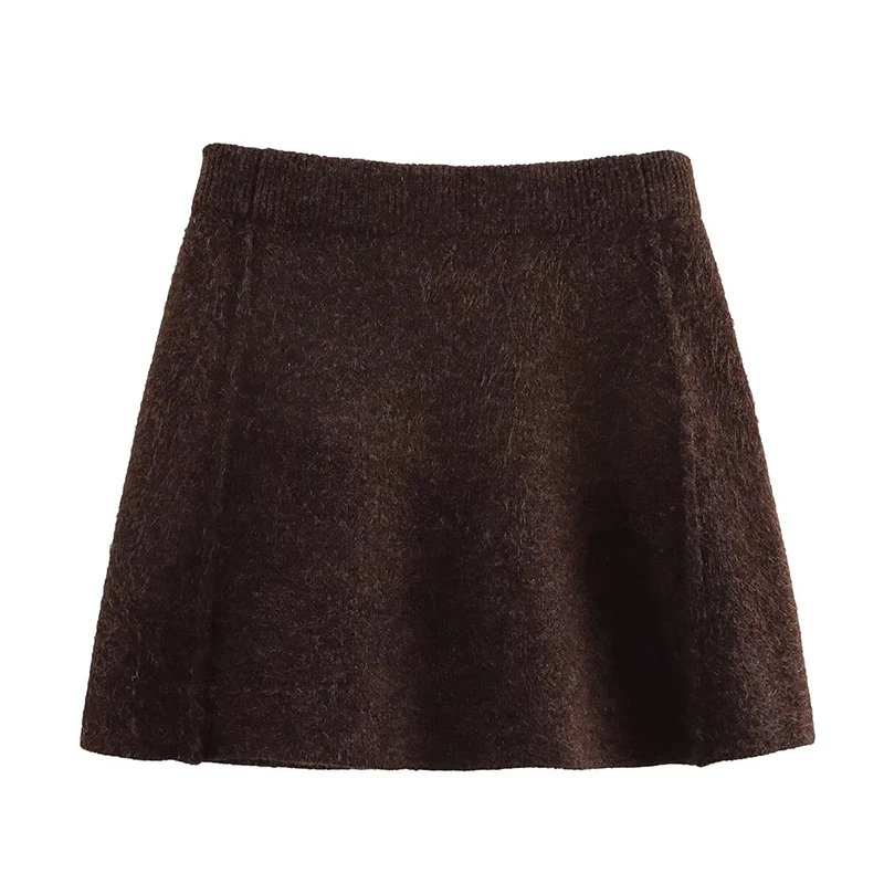 YENKYE 2025 Frauen Braun Seitennähte Stricken Mini Rock Vintage Hohe Taille A-linie Elegante Röcke faldas mujer