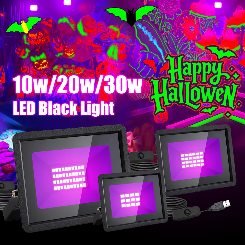 LED-UV-Schwarzlicht 10 W/20 W/30 W Flutlicht 385 nm, UV-Strahler mit Schalter für Urlaubsparty, DJ, Bühnenbeleuchtung, Halloween Image
