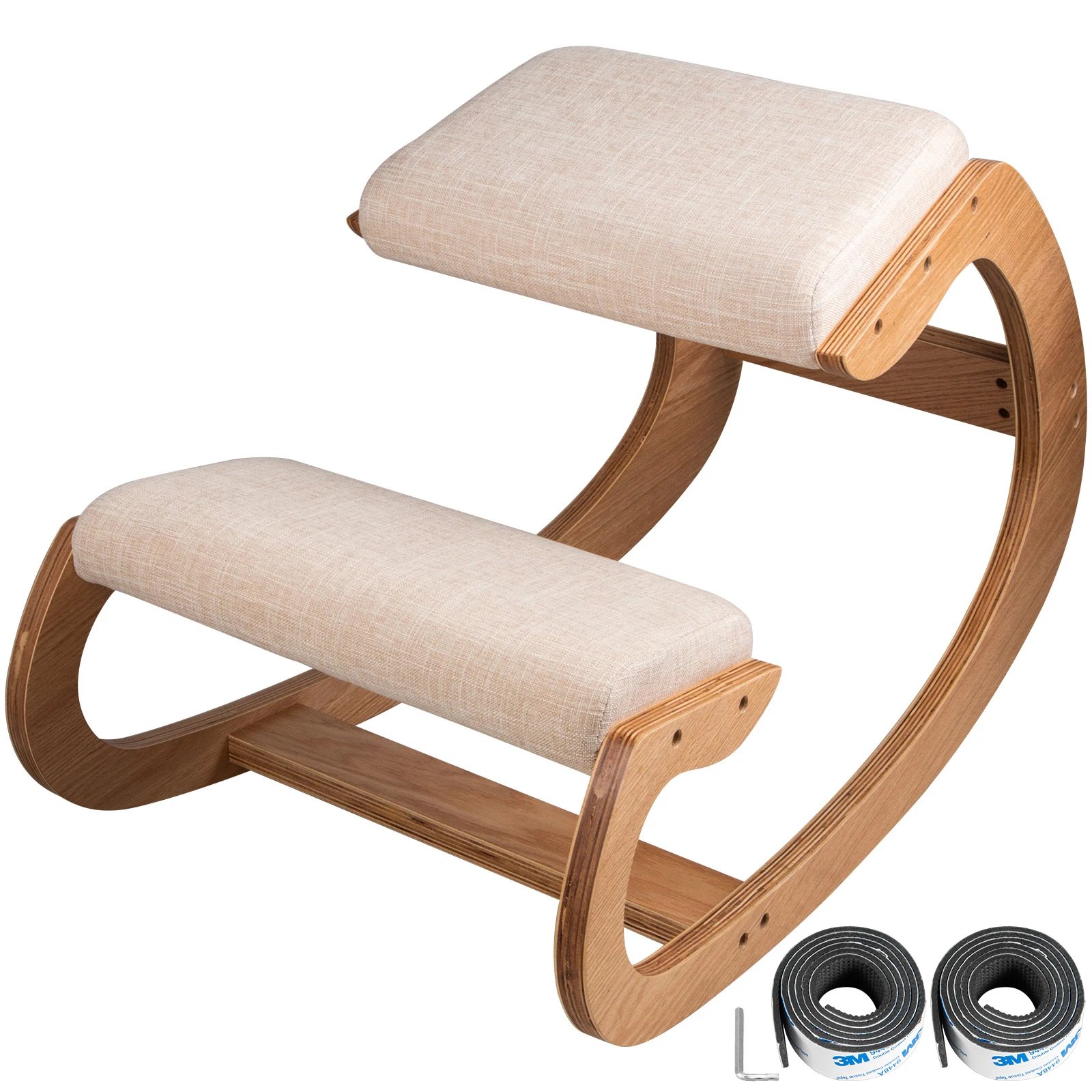 SucceBuy Ergonomischer Kniestuhl, Hocker mit dickem Kissen, Heimbürostuhl, Verbesserung der Körperhaltung, Schaukelstuhl aus Holz, Computerstuhl