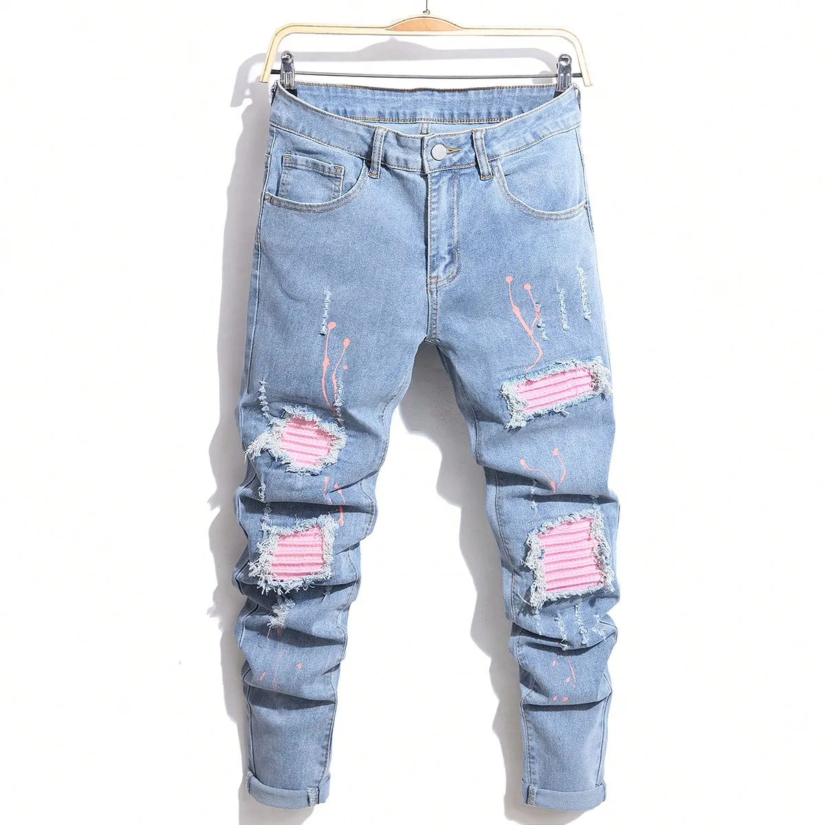 Herrenjeans Coole zerrissene Röhrenhose Stretch Slim Denim Hose Patchwork Hip Hop Schwarz Blau Lässige Joggingjeans für Herren Image