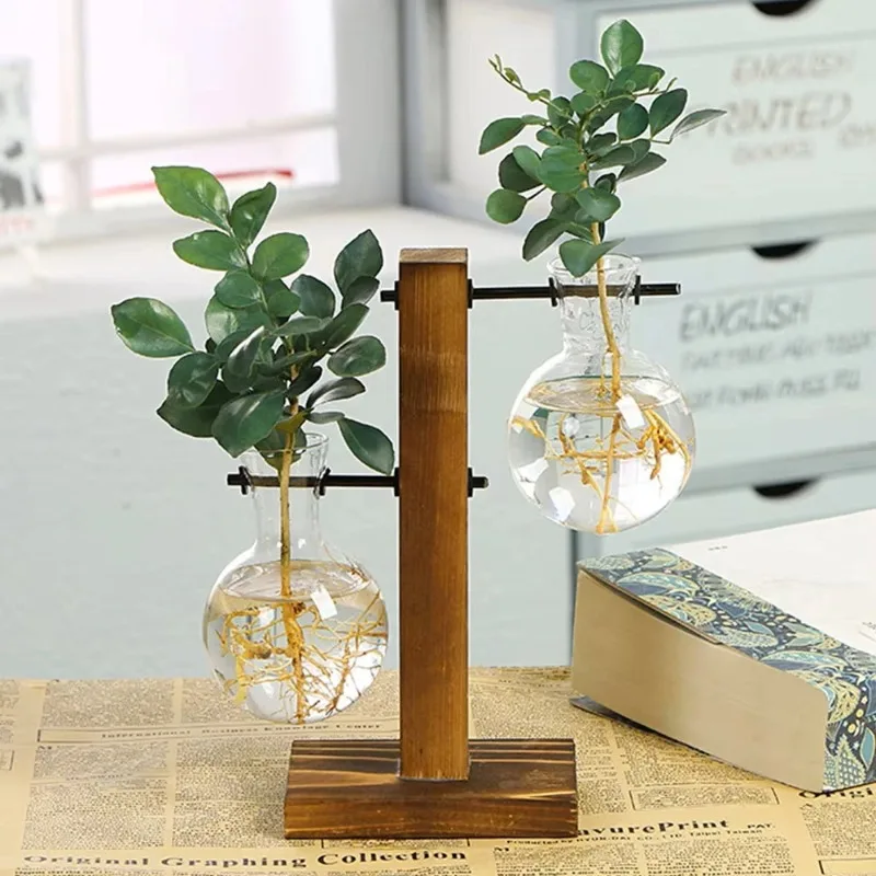 Glasvase Hydroponischer Pflanzenbehälter Desktop-Pflanzgefäß Holzvasenständer Zwiebel-Wasserpflanzung Vermehrungs-Blumenvase Pflanzgefäße Image