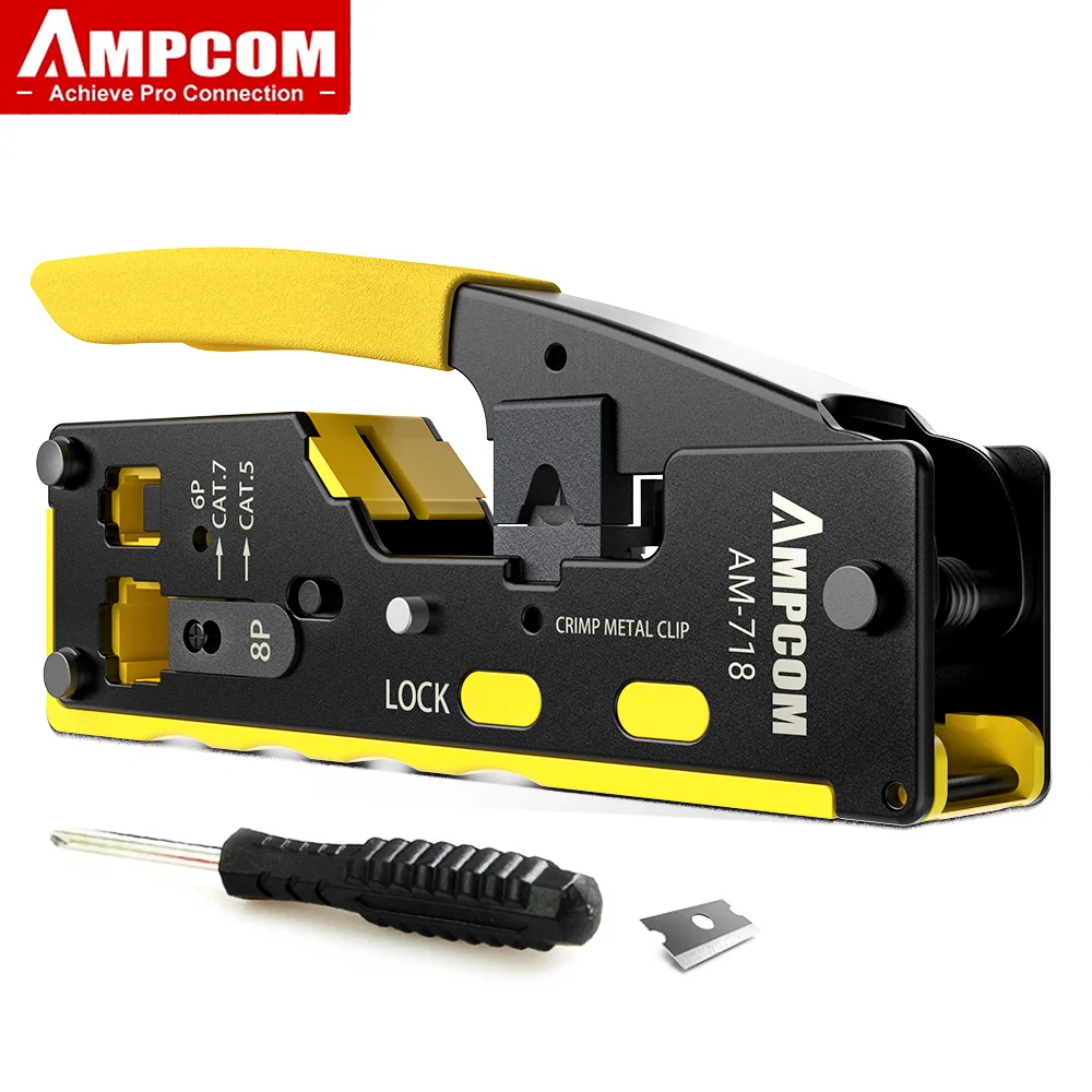 Ampcom-Ez-Typ rj45 Netzwerk Crimper-Crimp/Cut-lan cat8/7/6a/6/5e (stp/utp/mit Heck clip) & rj11/12 tel modulares Kabel (am-718) Image