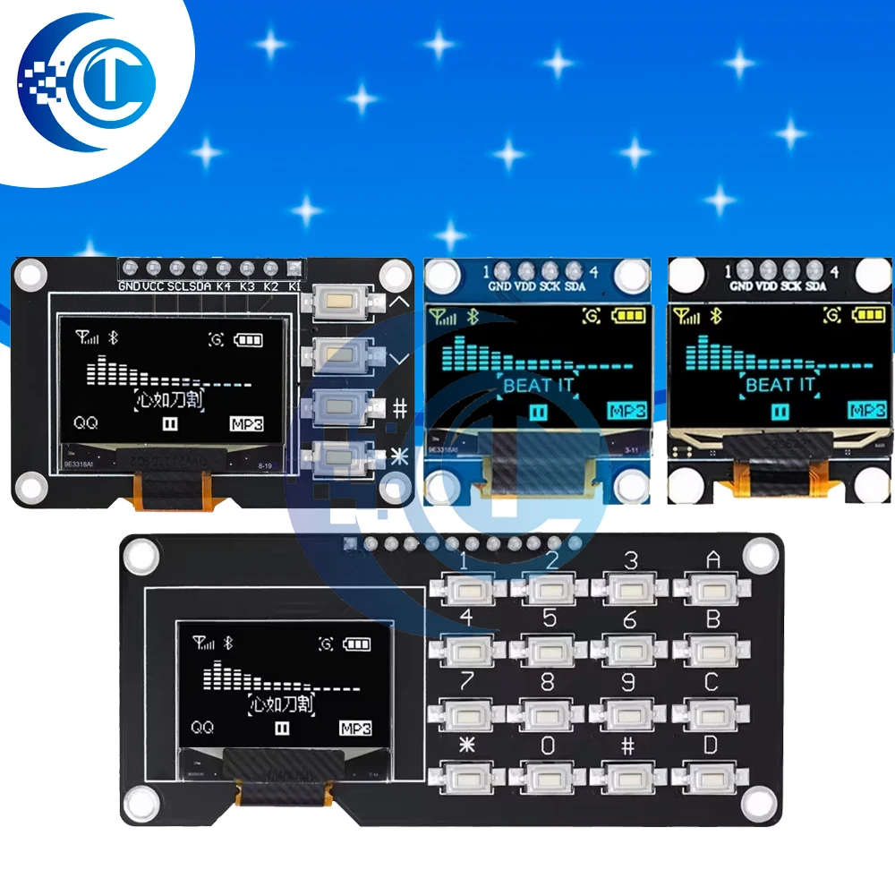 Produkt 0,96 Zoll OLED IIC Weiß/GELB BLAU/BLAU 12864 OLED-Display mit 4x4 Tasten I2C SSD1315 LCD-Bildschirmplatine für Arduino Image