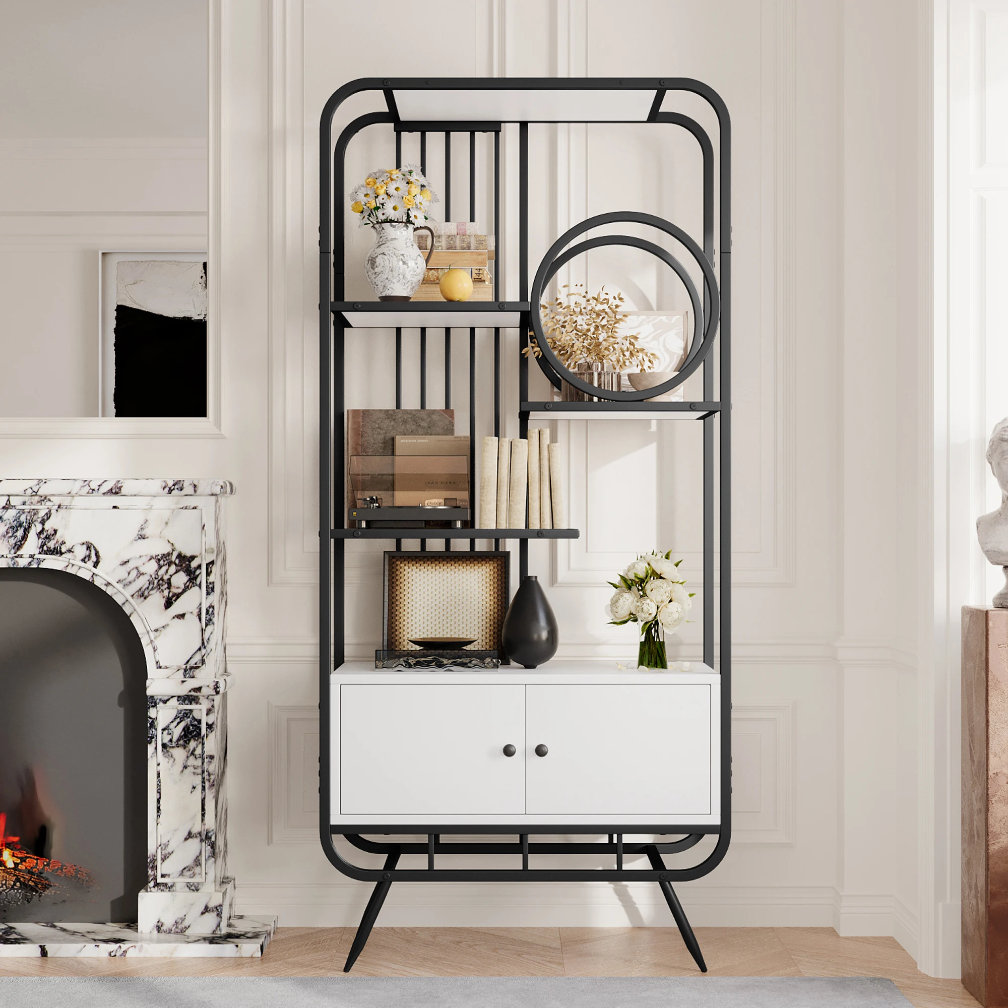 1,8 m langes Metallregal, weißer Lagerschrank mit Doppeltür, drei Regalböden, Regal aus schwarzer Legierung, hohe Metallfüße, runde Ecke