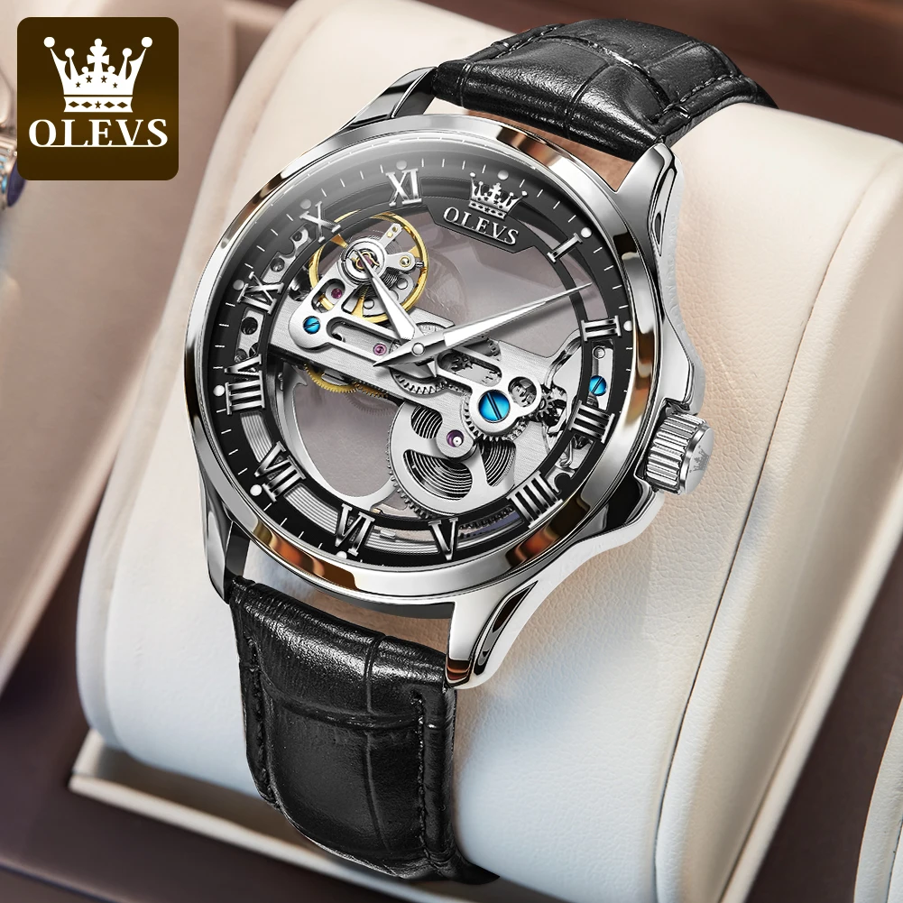 OLEVS 6661 Volltransparente Skelton Schwungrad Automatische Mechanische Herrenuhr Lederband Luxusmarke Original Mann Armbanduhr Image
