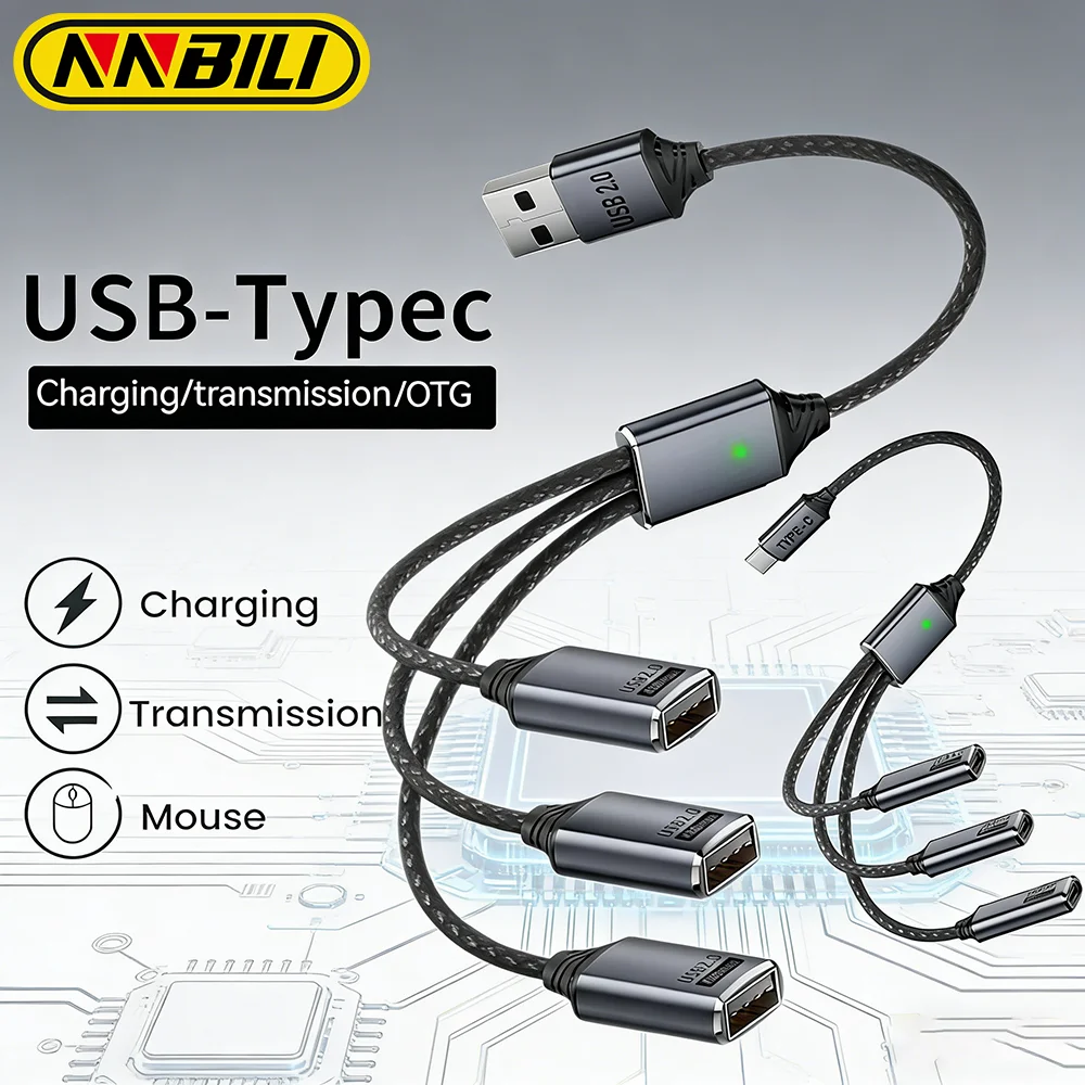 NNBILI Multi-USB-Hub-Erweiterungen, 3-Port-USB-A-Hub, Typ-C-Splitter, schnelle Datenübertragung, OTG-Adapter für Computer, Macbook Pro, Air Image