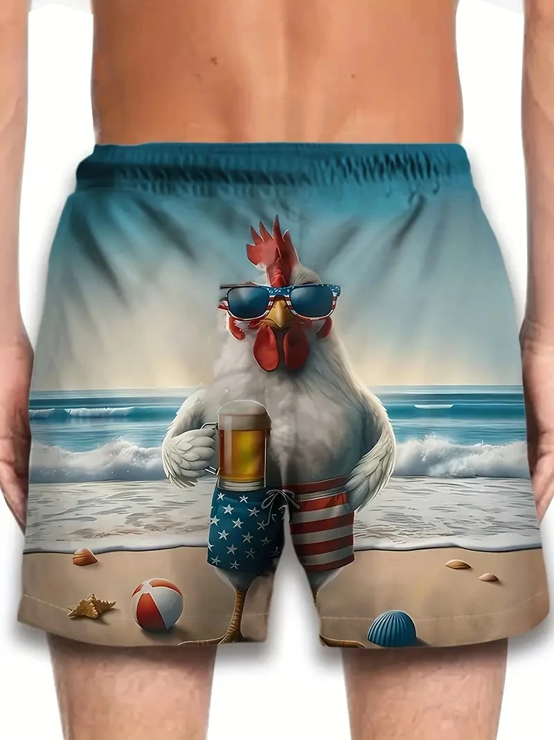 Lustige Huhn 3D-gedruckte Strandshorts für Herren, tägliche Urlaubsshorts, modisches Design, Badeshorts für Herren, hawaiianische Badehose Image
