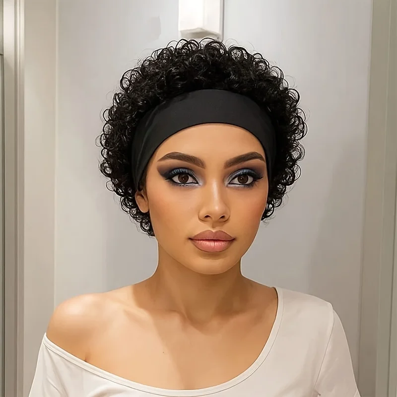 Stirnband-Perücke, Echthaar, für Damen, Pixie-Schnitt-Perücke, kurzes lockiges Haar, Stirnband-Perücke, maschinell hergestellt, 150 % Dichte, Schwarz, anfängerfreundlich Image