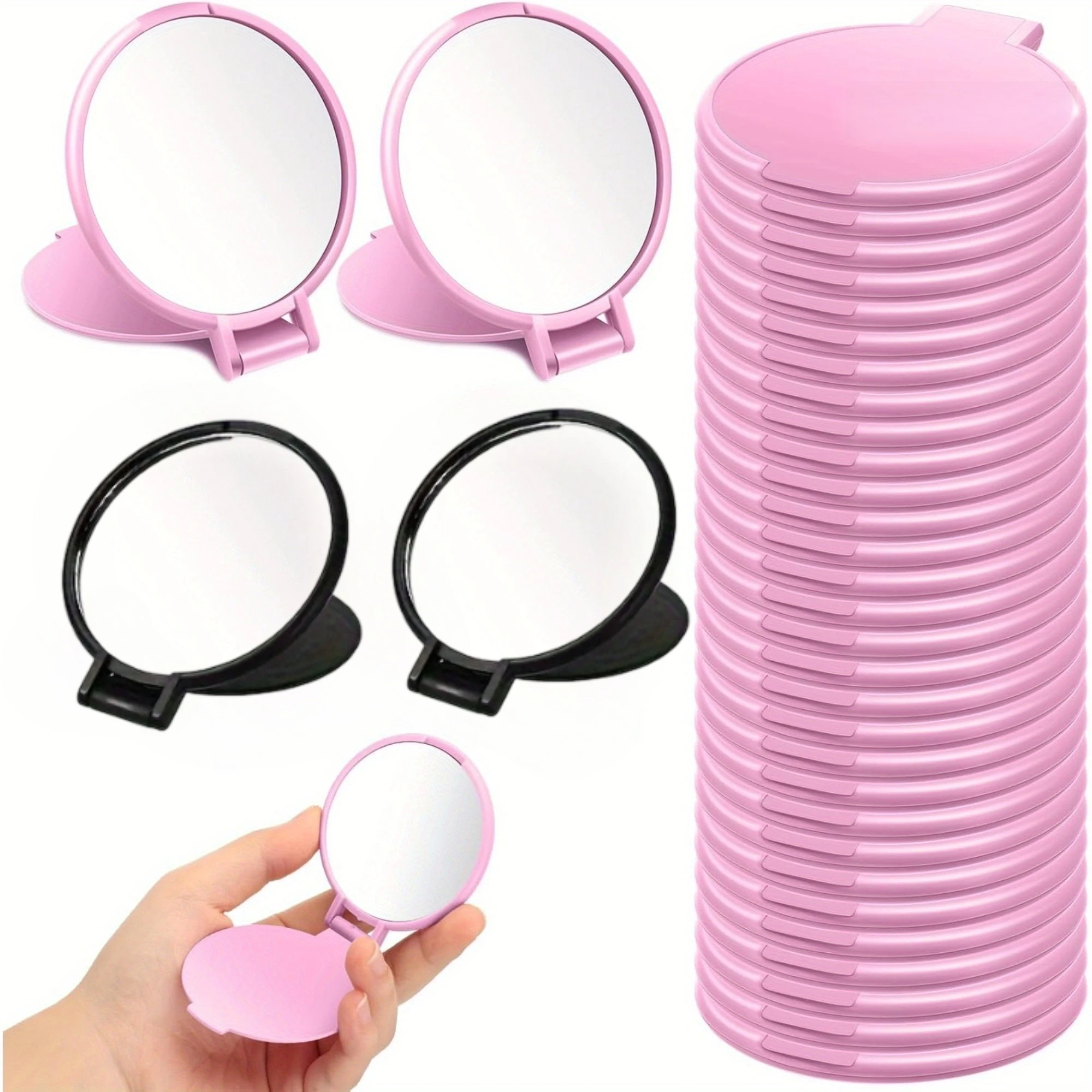 20/50 Stück rosa schwarz tragbare Mini-Klapp-Make-up-Spiegel – Reise- und Alltagspflegespiegel für Damen, langlebiger Kunststoffrahmen Image
