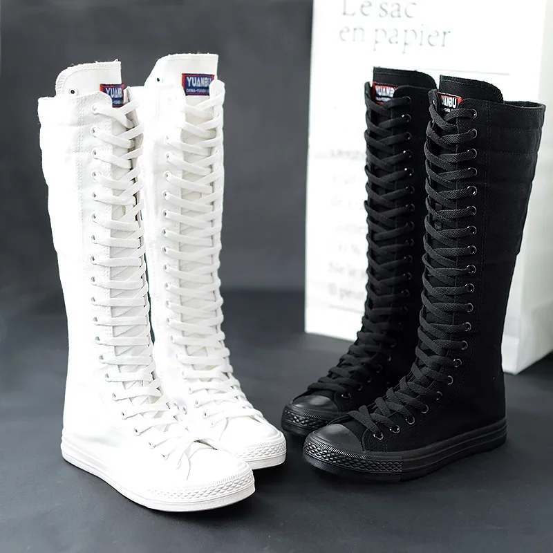 Frauen Schuh Leinwand Casual High Top Schuhe Lange Boot Lace-Up Zipper Bequeme Flache Boot Turnschuhe Tenis Feminino Frühling herbst