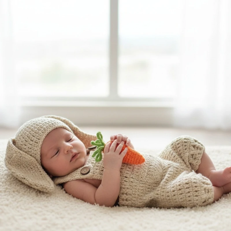 3 Stück Neugeborenen Fotografie Requisiten Kaninchen Karotte Kostüm Baby Fotoshooting Outfit Ostern Babyparty Geschenk Image