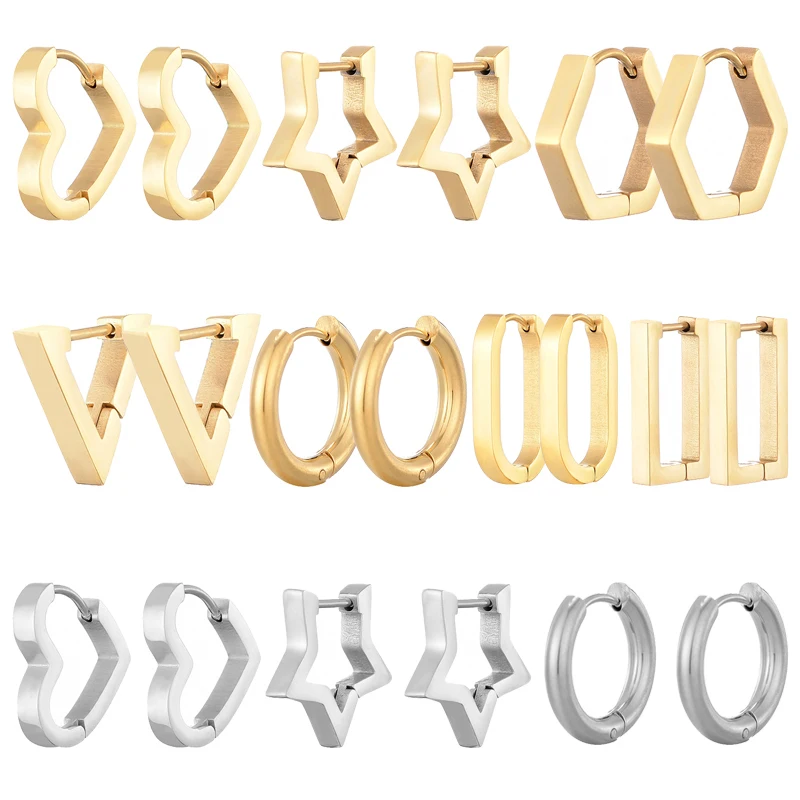 Klassische Edelstahl Creolen Für Frauen Männer Herz Stern Oval Rechteck Runde Dreieck Gold Farbe Punk Hip Hop Schmuck Image