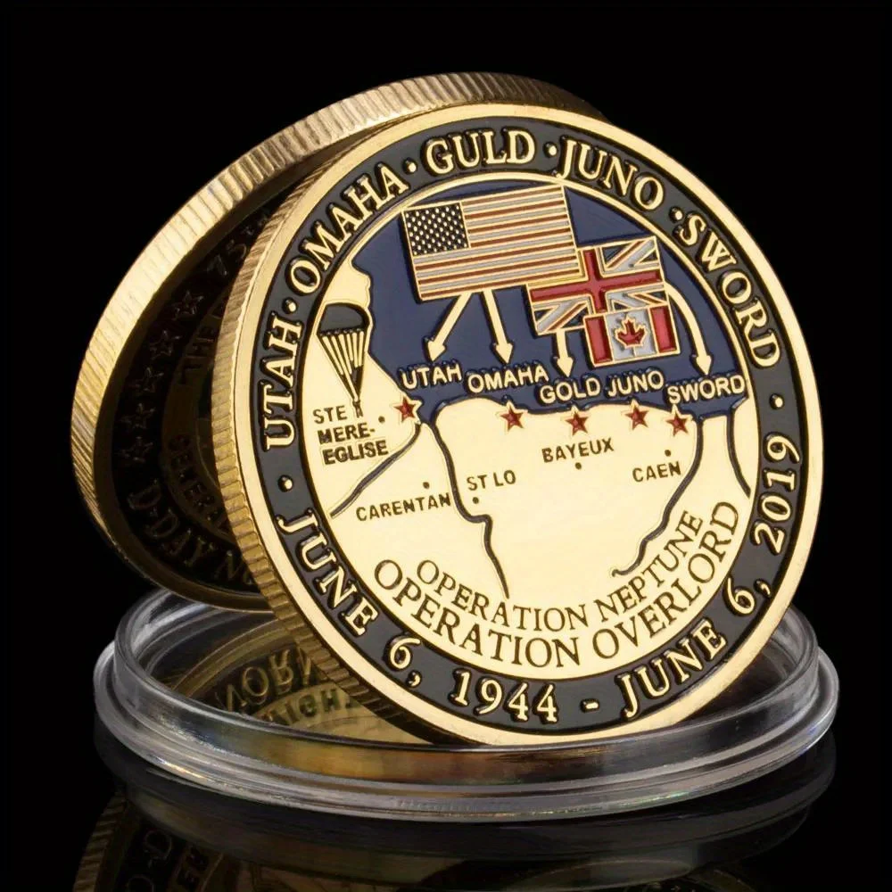 75. Jahrestag der D-Day-Souvenirmünze „Die Augen der Welt sind auf YouVeteranChallenge“-Münze, vergoldete Gedenkmünze Image