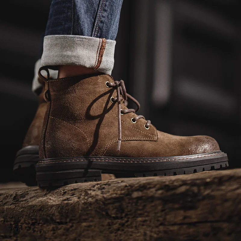 Maden Herren Vintage Split Wildleder Stiefel Braun High-Top Arbeitsstiefel Schnürung Wüste Knöchel Robuste Sohle Stiefel Outdoor Winter Herbst Schuhe