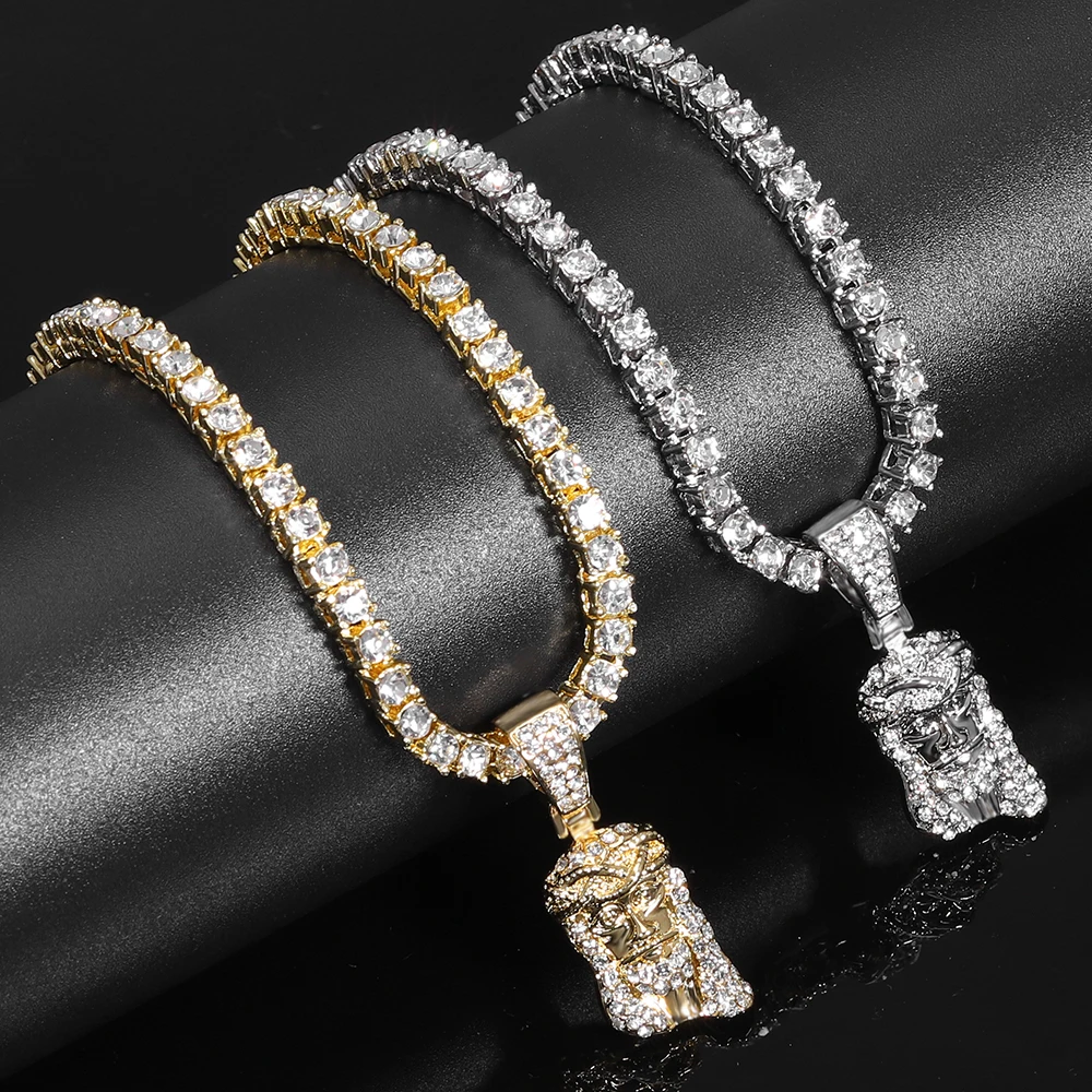 Jesus Christus Stück Kopf Gesicht Anhänger für Männer Iced Out glänzende Kristall Charm Halskette mit Kette Hip Hop Schmuck Image