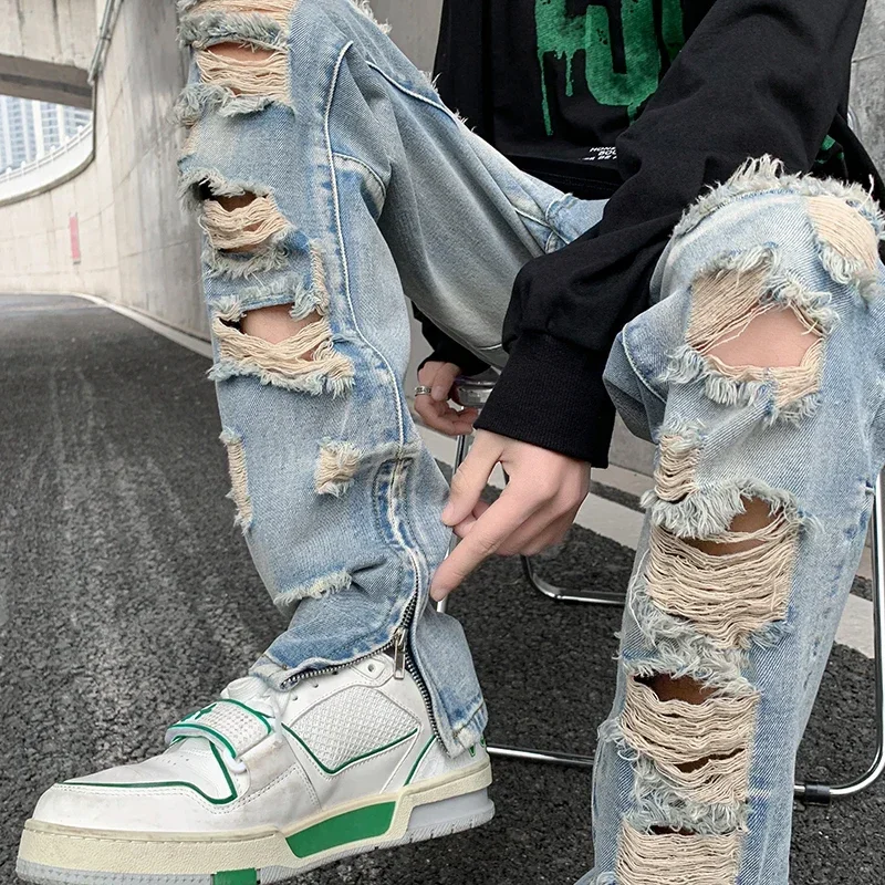 Männer Sommer Big Ripped Quaste Mode Jeans Männlichen Atmungsaktive Streetwear Baggy Hip Hop Distressed Denim Hosen Y2k Goth Hosen