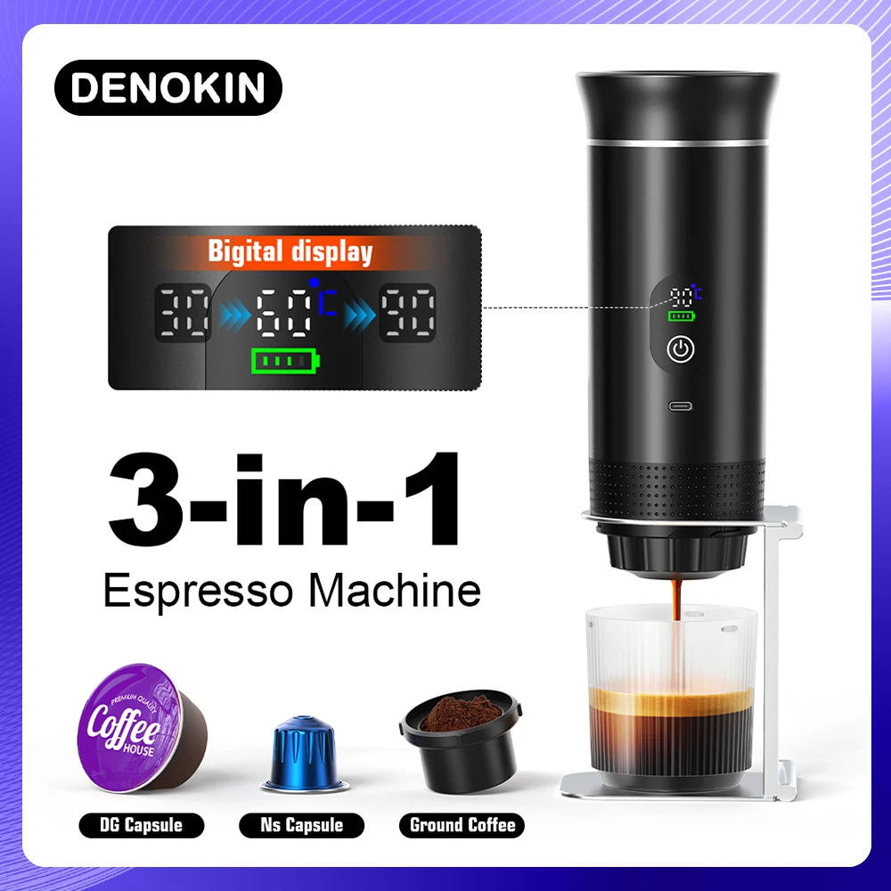 DENOKIN Tragbare Espressomaschine mit Digitalanzeige, 3-in-1-Kapselkaffeemaschine für Auto und Zuhause, Camping-Kaffeemaschine Image