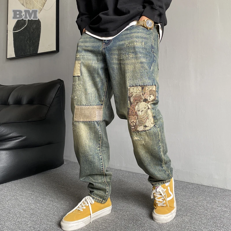 Zerrissene Jeans für Männer Slim Straight American Vintage Denim Distressed Patches Streetwear Fashion Trendy Lange Hosen Mann Kleidung