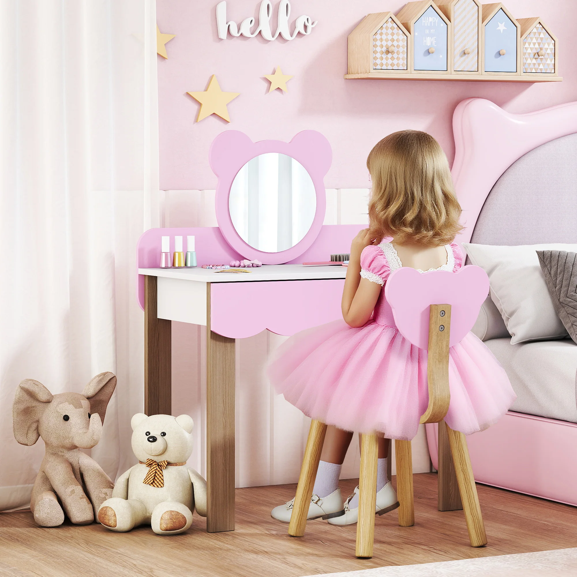 AIYAPLAY Kinder Schminktisch Set Frisiertisch mit Hocker Spiegel Kosmetiktisch Image