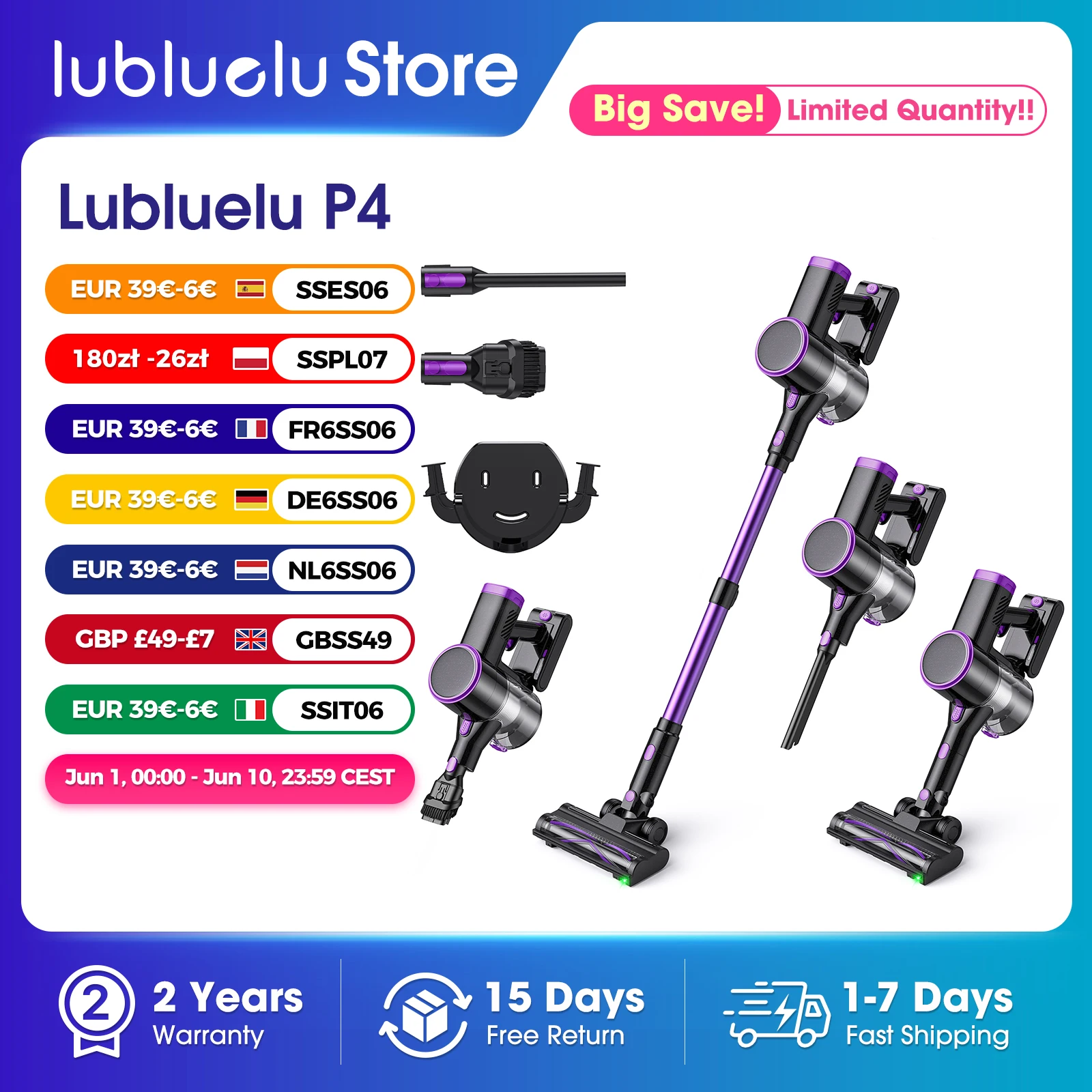 Lubluelu P4 Kabelloser Staubsauger 30Kpa Saugkraft, 40 Minuten Laufzeit, Selbststehend, Grüne LED, für Hartböden Teppich Haustierhaare Image