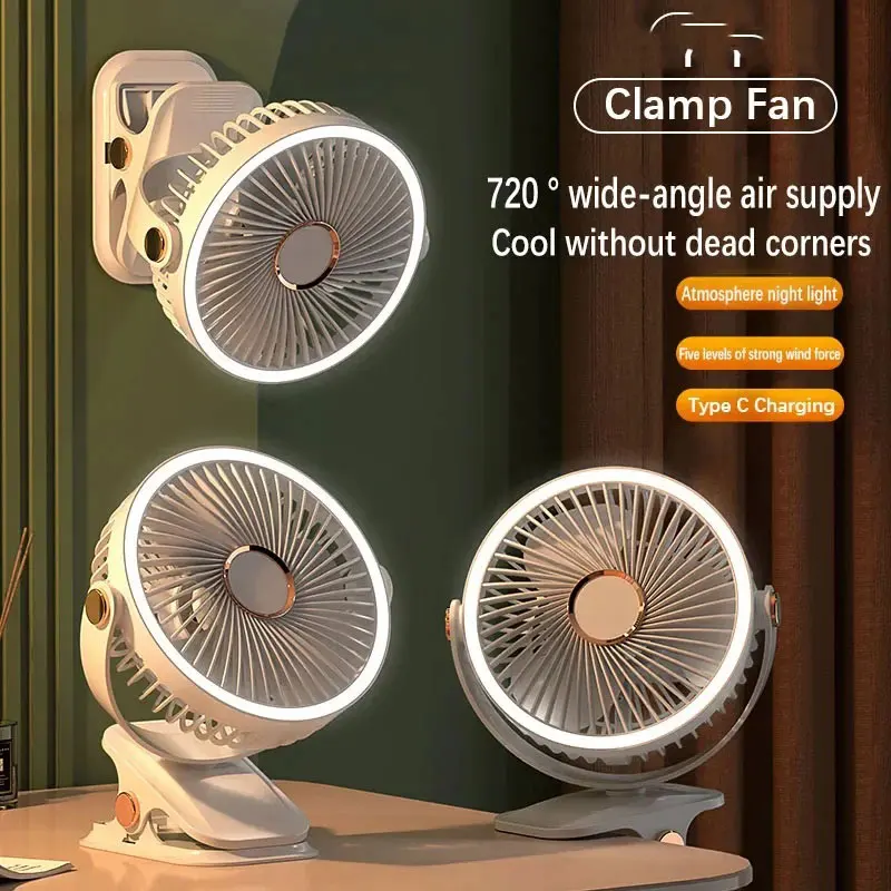 Camping-Ventilator, wiederaufladbar, tragbarer Desktop-Luftzirkulator, kabelloser elektrischer Deckenventilator mit LED-Licht, Clip-on-Heimventilator, 8000 mAh Image