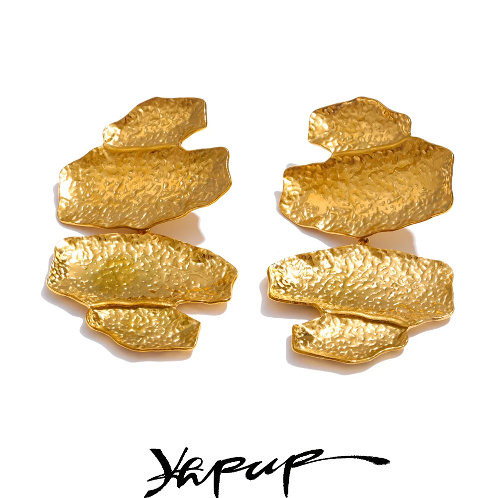 Yhpup Statement-Edelstahl, Hammer, Metall, geometrischer Tropfen, große Ohrringe, 18 Karat Gold, PVD-beschichtet, attraktiver Alltagsschmuck 2025