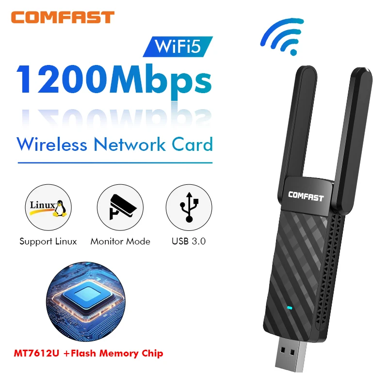 COMFAST USB WiFi Adapter MT7612U 1200Mbps Dual Band 5Ghz 2,4Ghz Wireless Dongle Antenne Adaptador Empfänger für PC Win10 11 Linux Image