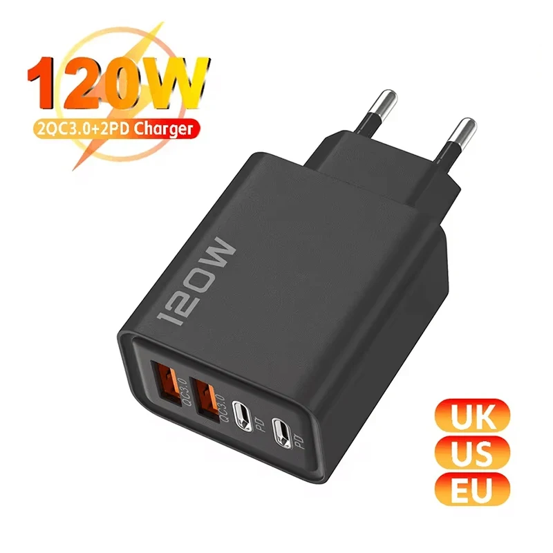 120 W 4 Port USB Typ C Ladegerät Schnellladedatenkabel USB-Telefonadapter für Samsung IPhone Xiaomi Huawei Wandladegerät Image