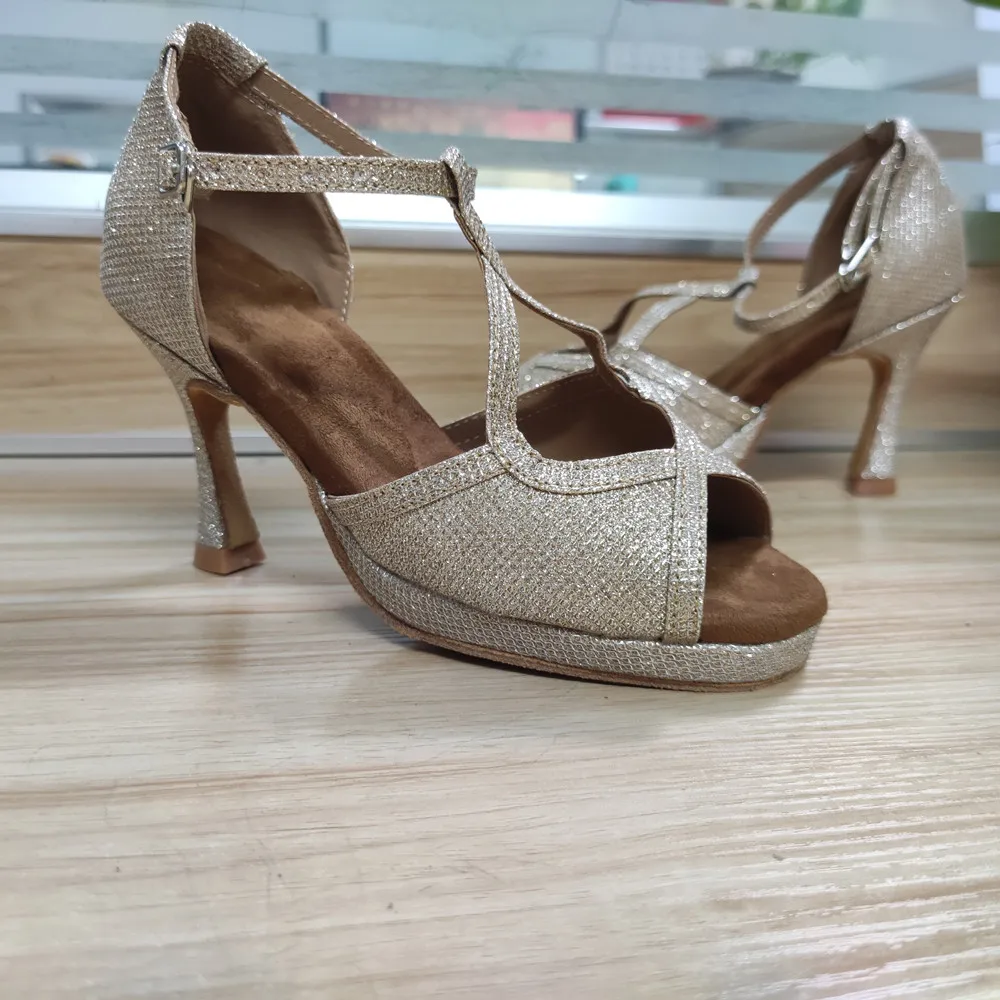 Evkoo dance Praxis Frauen Latin Schuhe Gold Glitter Salsa Latin Ballsaal Tanz schuhe OEM 10cm wasserdichte Plattform Tanz schuhe