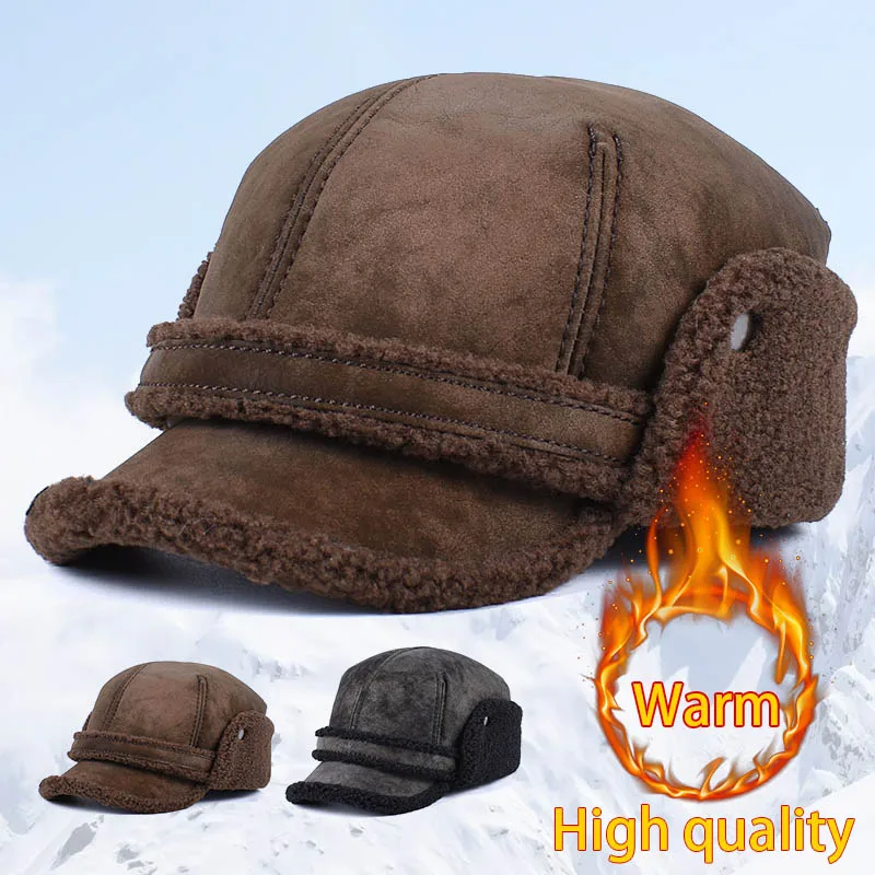 Hohe Qualität Neue Winter Hut Männer Faux Pelz Wolle Warme Dicke Ohrenklappen Bomber Hut männer baseball Kappe Leder Fleece schnee Russische Kappe Image